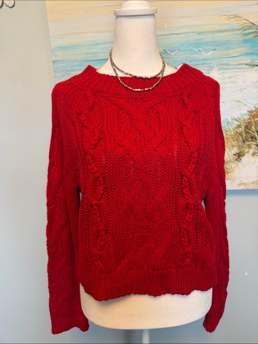 Women's Red Cable Knit Crewneck Sweater